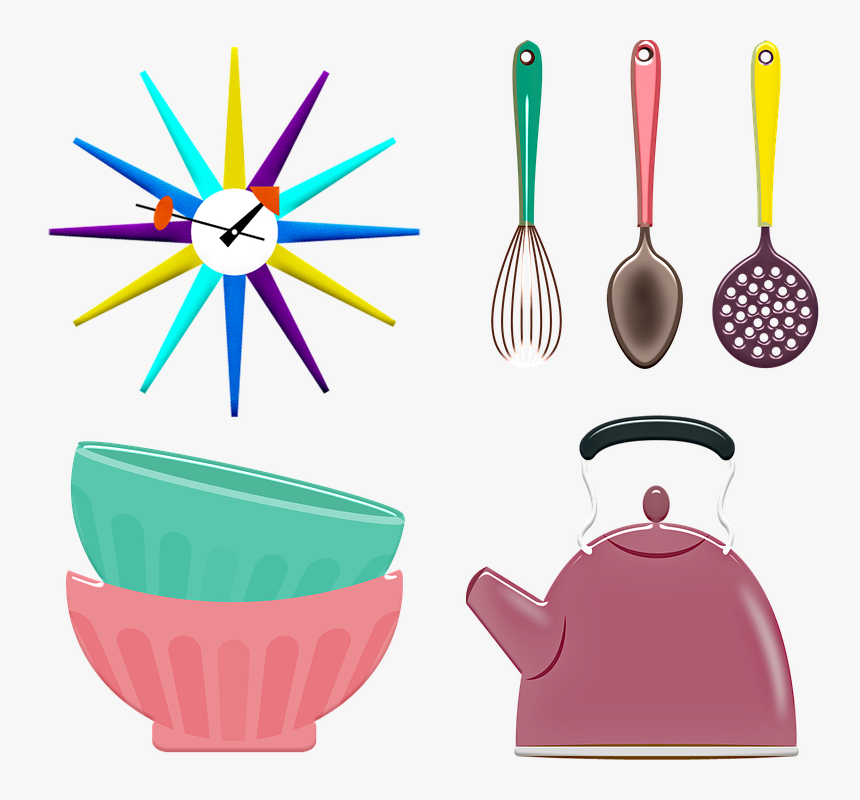 Kitchen Utensils, Retro Kitchen, Bowls, Clock, Teapot - Utensílios De Cozinha Em Png, Transparent Png, Free Download