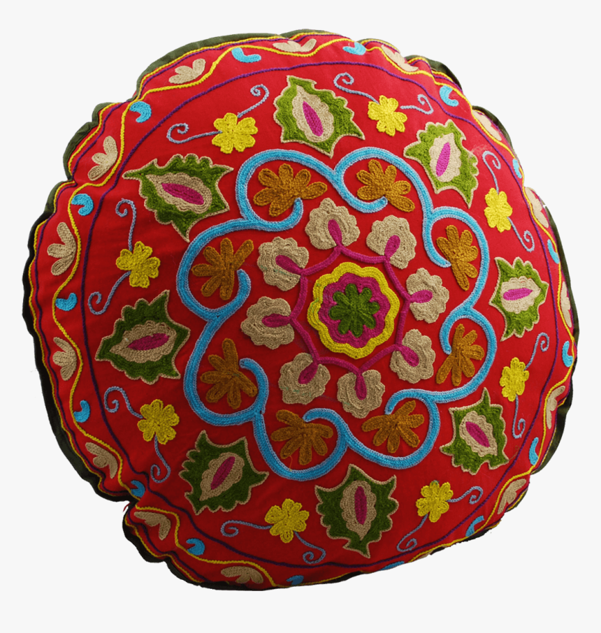 Red Swirl Hand-embroidered Round Decorative Floor Pillow - Cushion, HD Png Download, Free Download