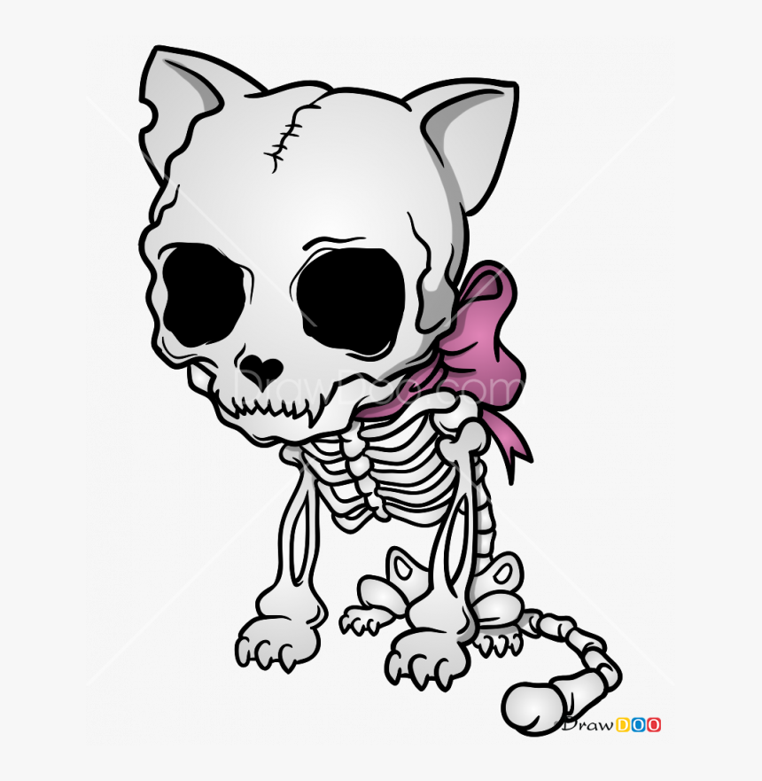 Transparent Cartoon Skull Clipart - Cartoon Cat Skeleton Drawing, HD Png Download, Free Download
