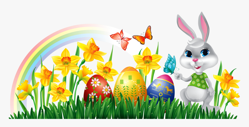 Easter Bunny With Daffodils Eggs And Grass Decor Png - Easter Eggs And Bunny Clipart, Transparent Png, Free Download