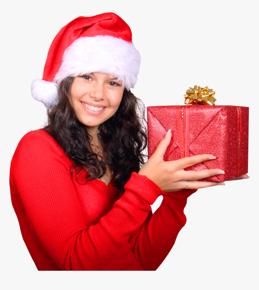 Girl With Red Santa Claus Hat Holding Gift Box Png - Santa Claus Girl Png, Transparent Png, Free Download