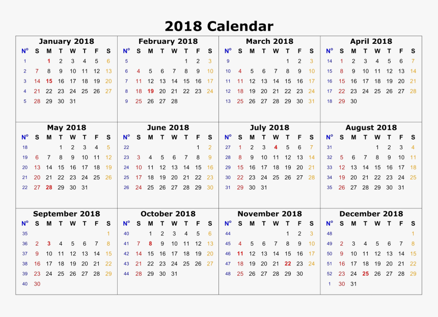 Download 2018 Calendar Png Pic Background - 2018 Calendar Printable One Page, Transparent Png, Free Download