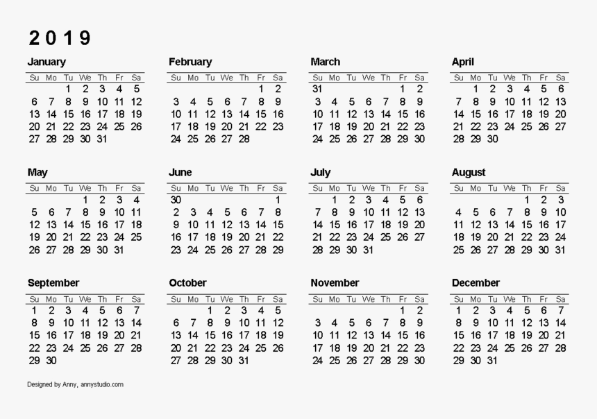 2019 Calendar Png Photo - 12 Month Free Printable 2019 Calendar Printable, Transparent Png, Free Download