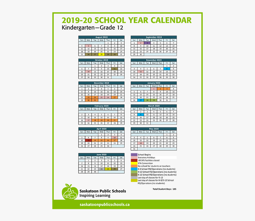 2018-2019 Elementary Calendar - 2019 And 2020 School Calendar Saskatoon, HD Png Download, Free Download