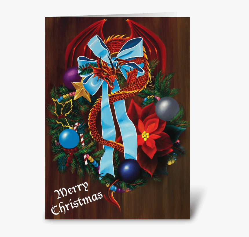 Christmas Wreath Dragon Greeting Card - Wreath, HD Png Download, Free Download