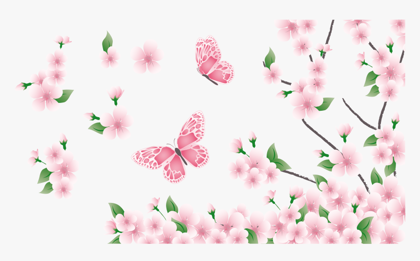 Branch With Pink Flowers - Pink Flowers And Butterflies, HD Png Download, Free Download