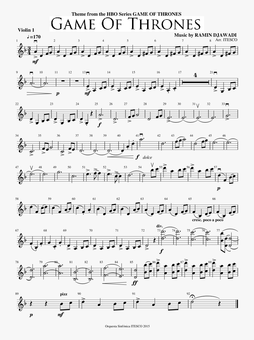 Game Of Thrones Violin Sheet Music, HD Png Download, Free Download