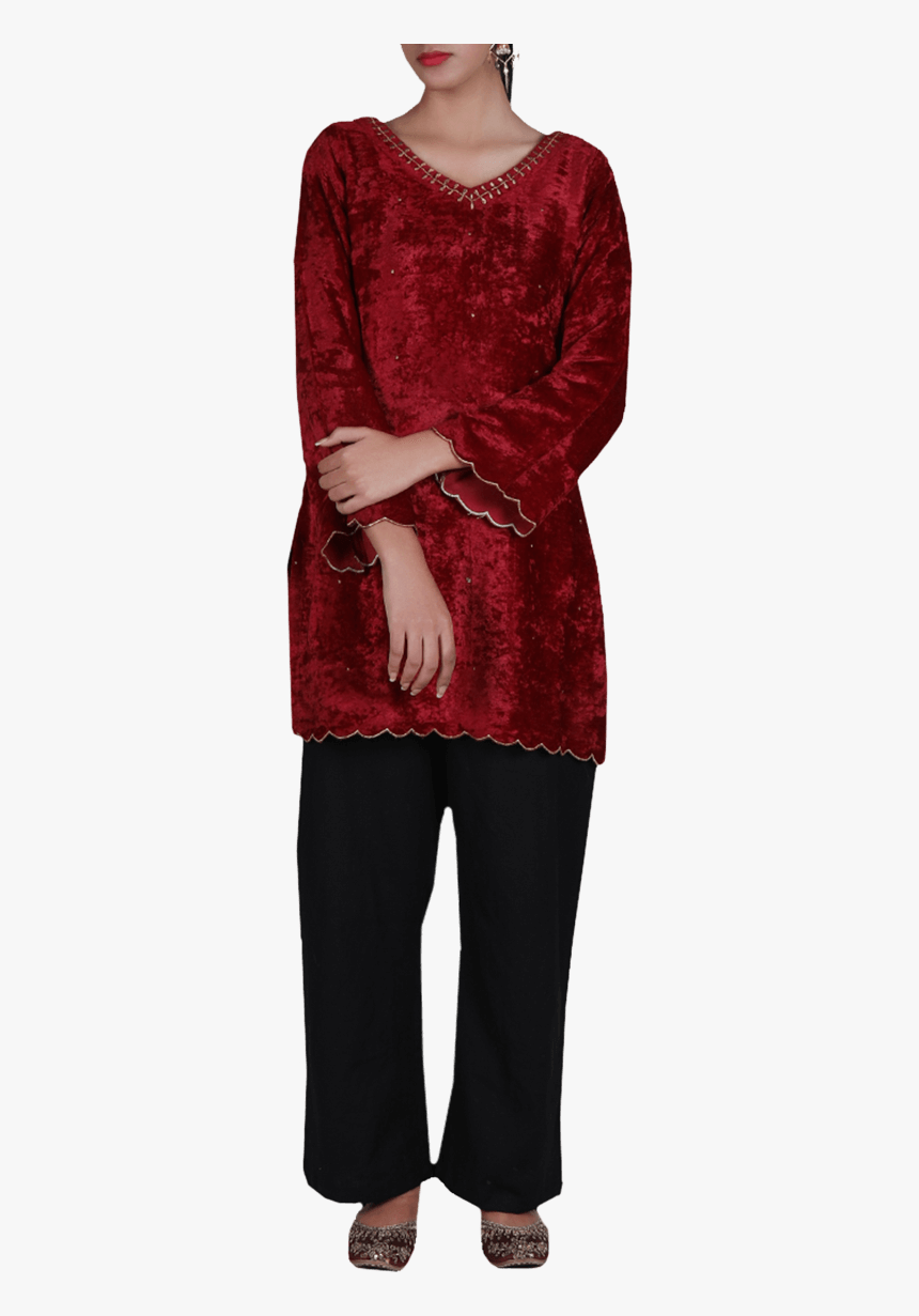 Red Flare Sleeved Zari Embroidered Chenille Kurta - Velvet, HD Png Download, Free Download