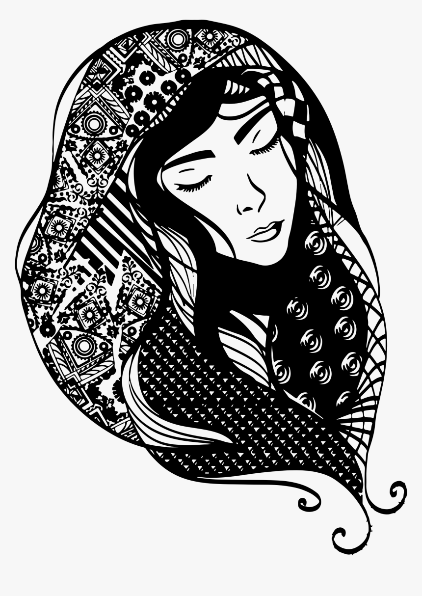 Woman With Detailed Head Scarf Clip Arts - Women Scarf Illustration Black And White, HD Png Download, Free Download