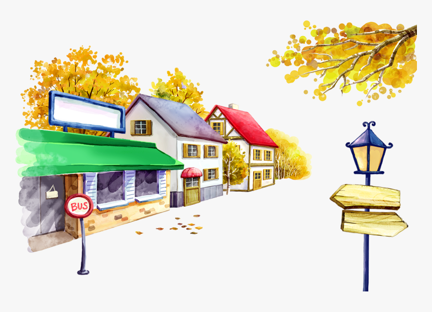 And Bus Stop Illustration Houses Street Cartoon Clipart - Houses Cartoon Png, Transparent Png, Free Download