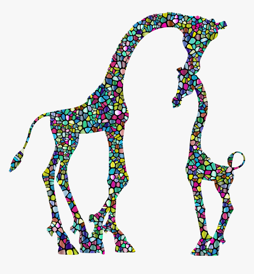 Polyprismatic Tiled Mother And Child Giraffe Silhouette - Baby Giraffe Clipart Black And White, HD Png Download, Free Download
