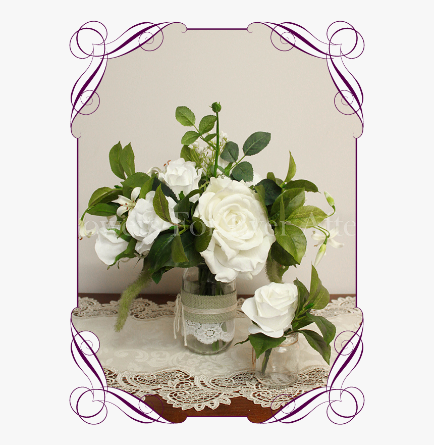 Silk Artificial White Roses And Baby"s Breath With - White Rose Wedding Flowers In Jars On Tables, HD Png Download, Free Download