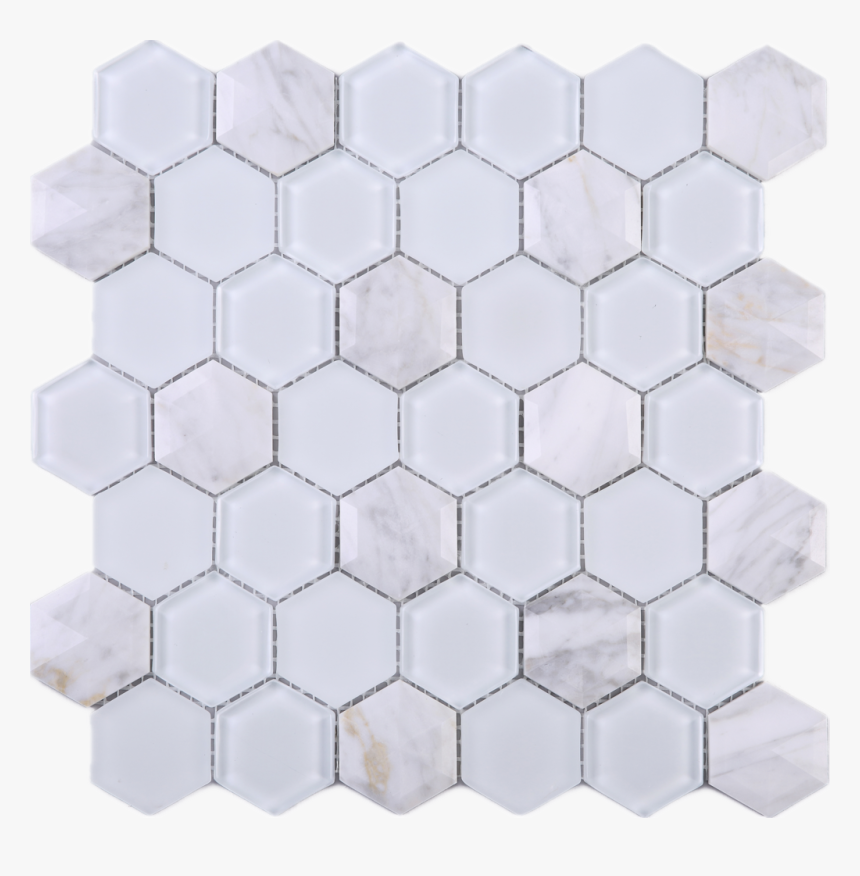 Hexagon White Carrara & White Glass Mosaic Tile- Multile - 3d Hexagon Mosaic, HD Png Download, Free Download