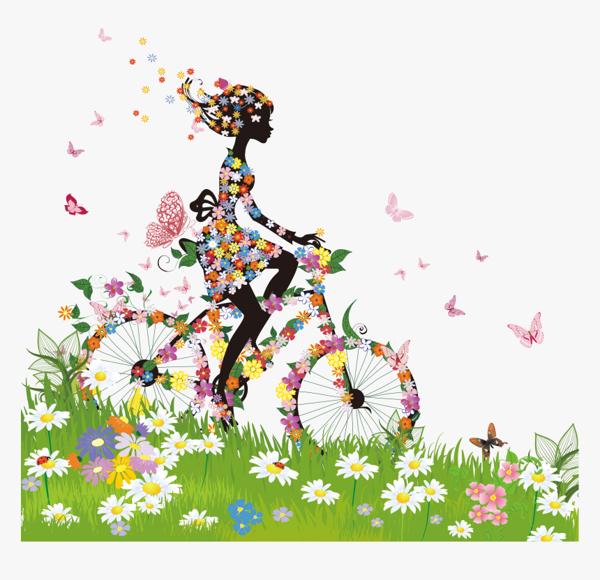 Woman Silhouette Flowers Bicycle Grass Overlay - Flow Of Positive Energy, HD Png Download, Free Download