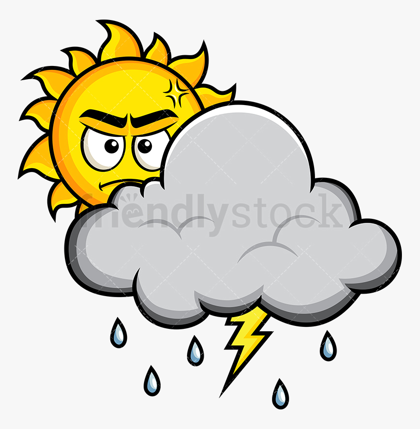 Thunderstorm Angry Sun Behind Cloud Vector Cartoon - Cartoon Thunderstorm, HD Png Download, Free Download