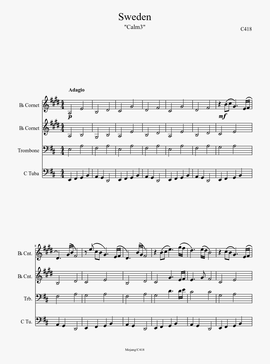 Sweden Sheet Music Composed By C418 1 Of 2 Pages - Minecraft Sweden Sheet Music Trumpet, HD Png Download, Free Download