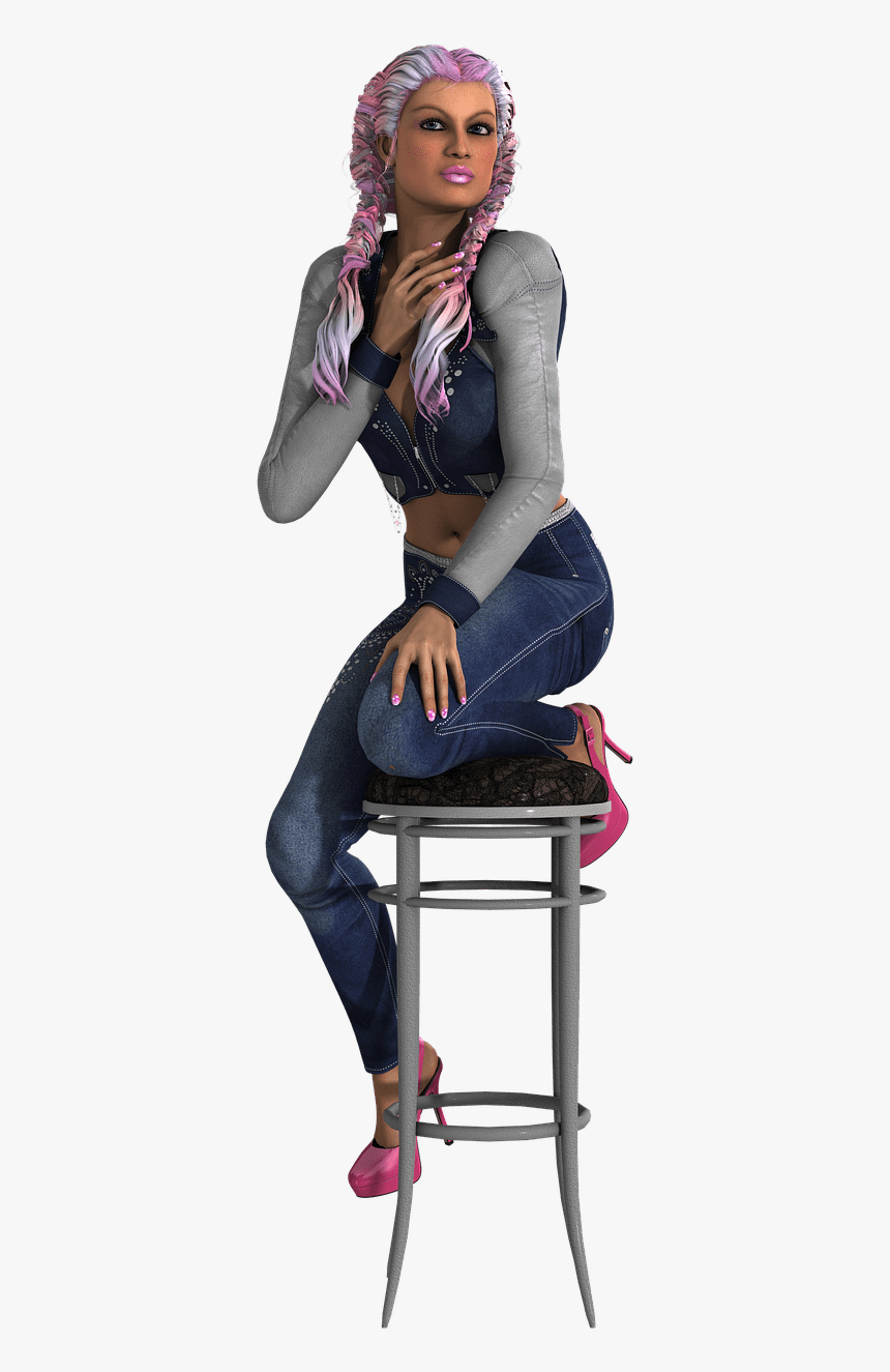 Woman Pink Plaits Sitting On Stool - Sitting On Stool Pose, HD Png Download, Free Download