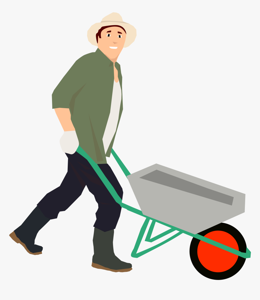 Farmer, Wheelbarrow, Vegetable, Pushing, Bib Overalls - Man Pushing Wheelbarrow Clipart, HD Png Download, Free Download