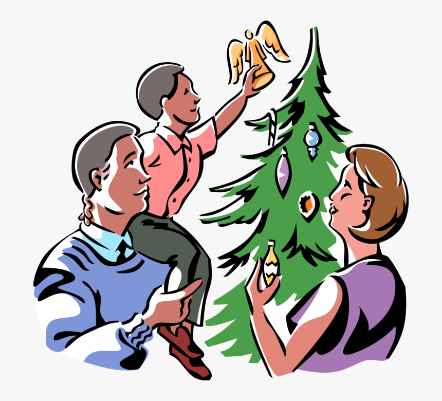 Vector Illustration Of Family Places Angel Decoration - Putting Angel On Christmas Tree, HD Png Download, Free Download
