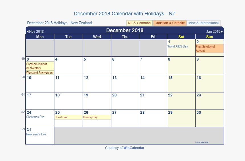 December 2018 Calendar With Nz Holidays To Print - Feriados Octubre 2019 Argentina, HD Png Download, Free Download