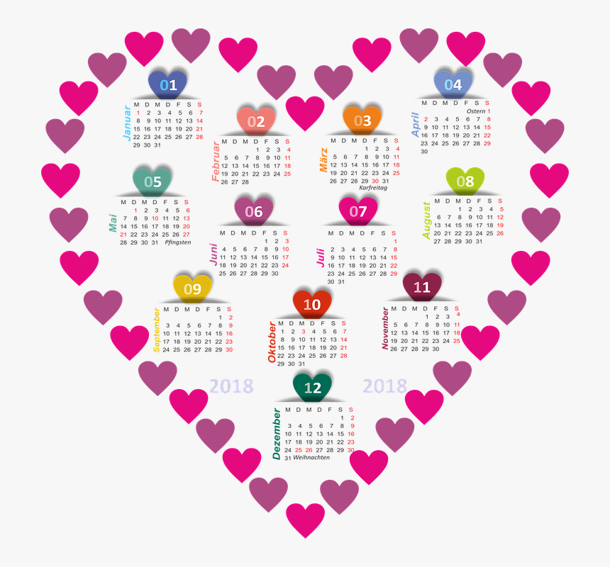Calendar, 2018, Heart, Colorful Months - Little Red Heart White Background, HD Png Download, Free Download