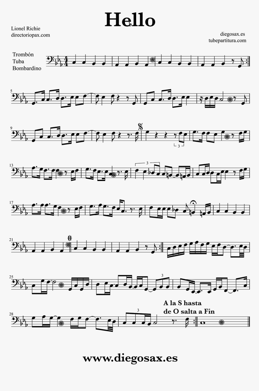 Hello Sheet Music By Lionel Richie For Trombone, Tube - Hello Lionel Richie Trumpet, HD Png Download, Free Download