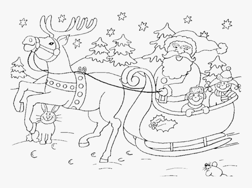 Transparent Santa Sleigh Clipart Black And White - Santa Sleigh Christmas Colouring, HD Png Download, Free Download