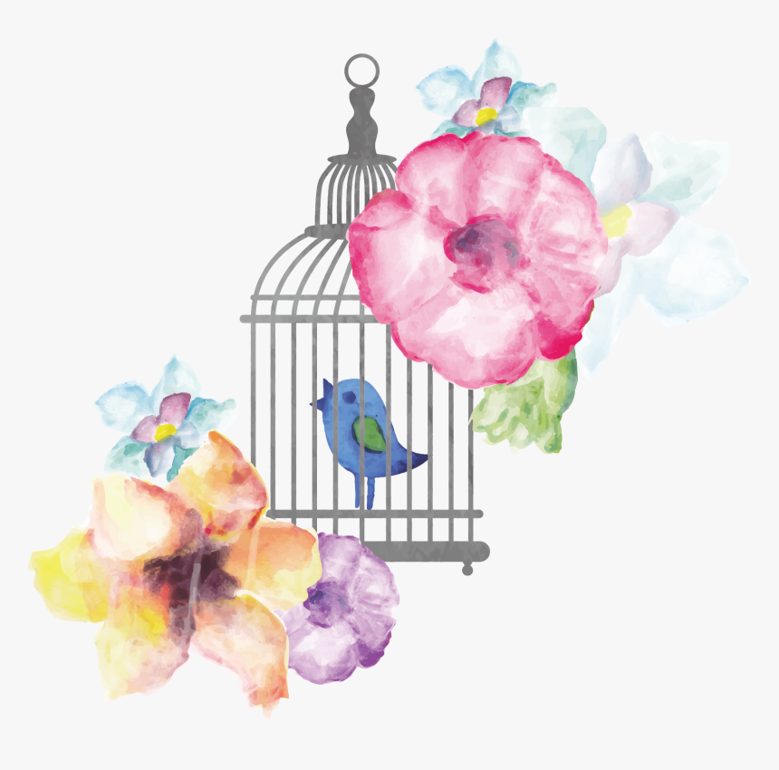 Birdcage Watercolor Painting - Watercolor Bird Flower Png, Transparent Png, Free Download