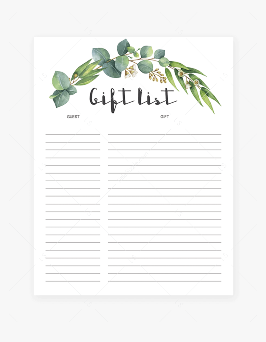 Printable Gift Tracker With Watercolor Green Leaves - Greenery Wedding Invitation Template, HD Png Download, Free Download