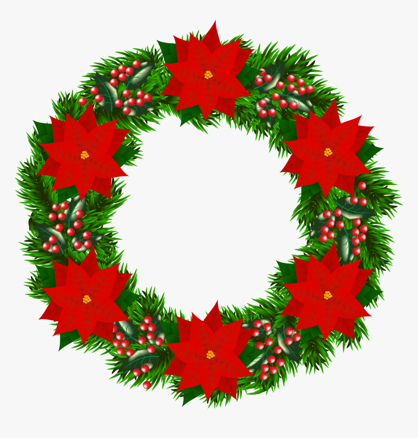 Christmas Wreath With Poinsettia Png Clipart Image - Christmas Poinsettia Wreath Clipart, Transparent Png, Free Download