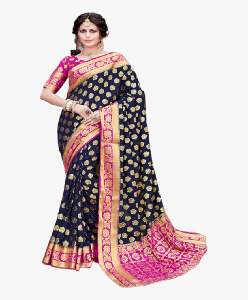 Blue Color Nylon With Diamond Nylon Saree With Blouse - Navy Blue And Pink Silk Saree, HD Png Download, Free Download