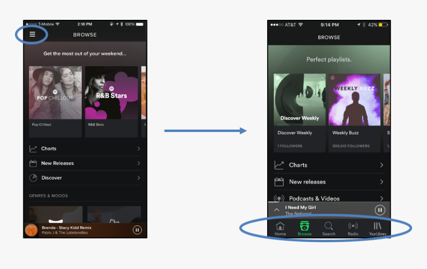 An Exposed Menu, As Seen In The Latest Spotify App, - Hamburger Menu In Apps, HD Png Download, Free Download