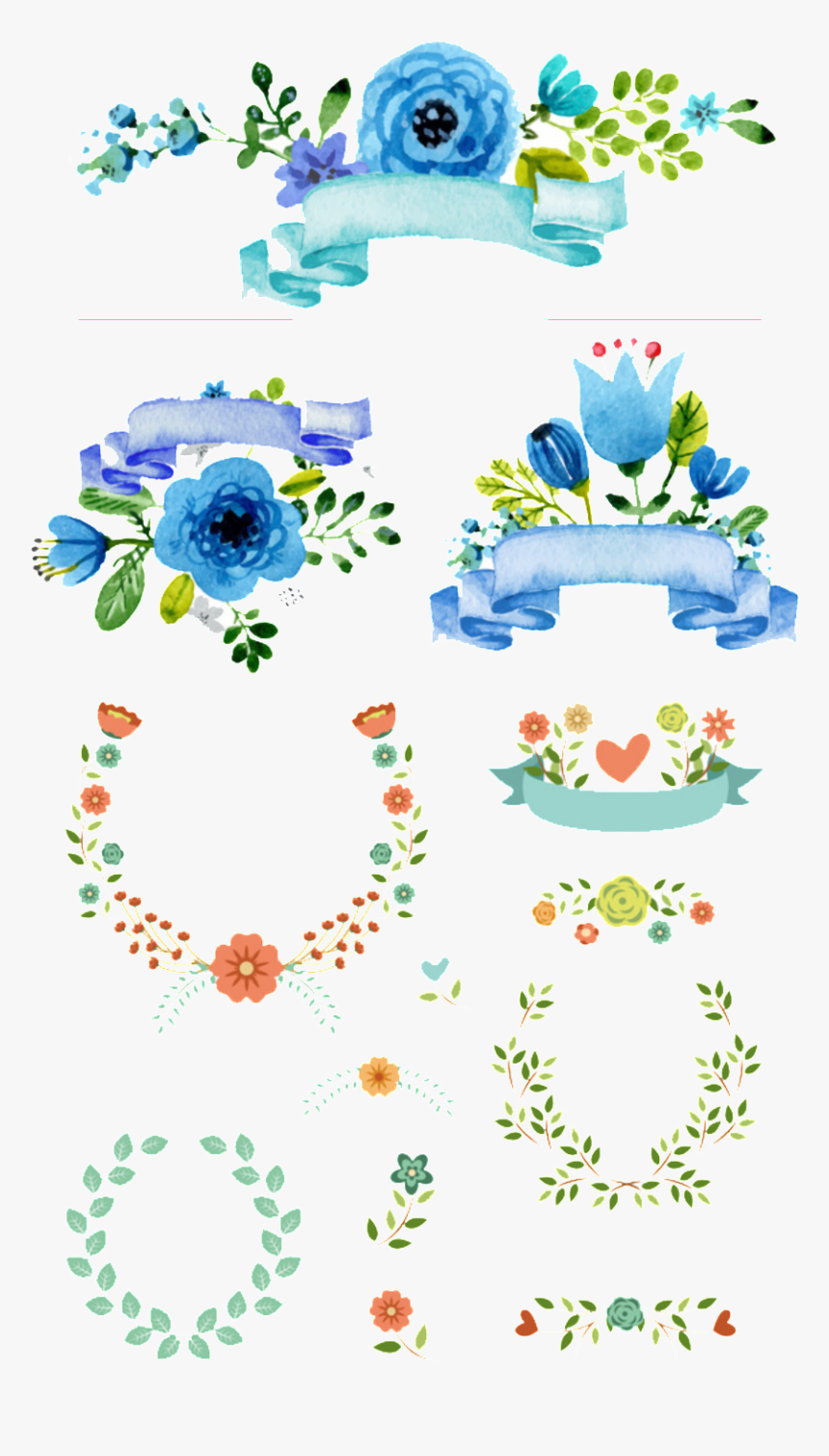 Fresh Blue Watercolor Flowers Hand Drawn Wreath Decorative - Blue Watercolor Wreath Png, Transparent Png, Free Download