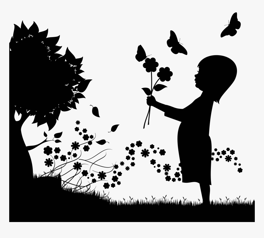 Silhouette Clipart Flower - Girl With Butterfly Silhouette, HD Png Download, Free Download