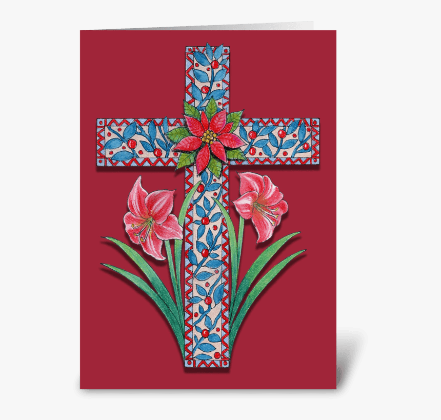 Christmas Cross With Amaryllis Greeting Card - Greeting Card, HD Png Download, Free Download