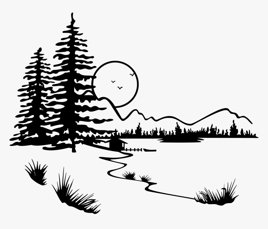Lake Silhouette Clip Art - Mountain Trees Black And White, HD Png Download, Free Download