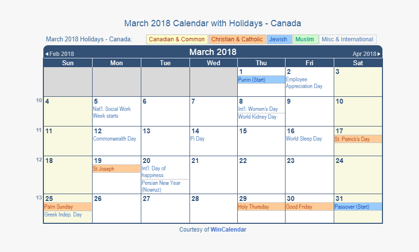 Transparent 2018 Calendar Png - Holidays In March 2019, Png Download, Free Download