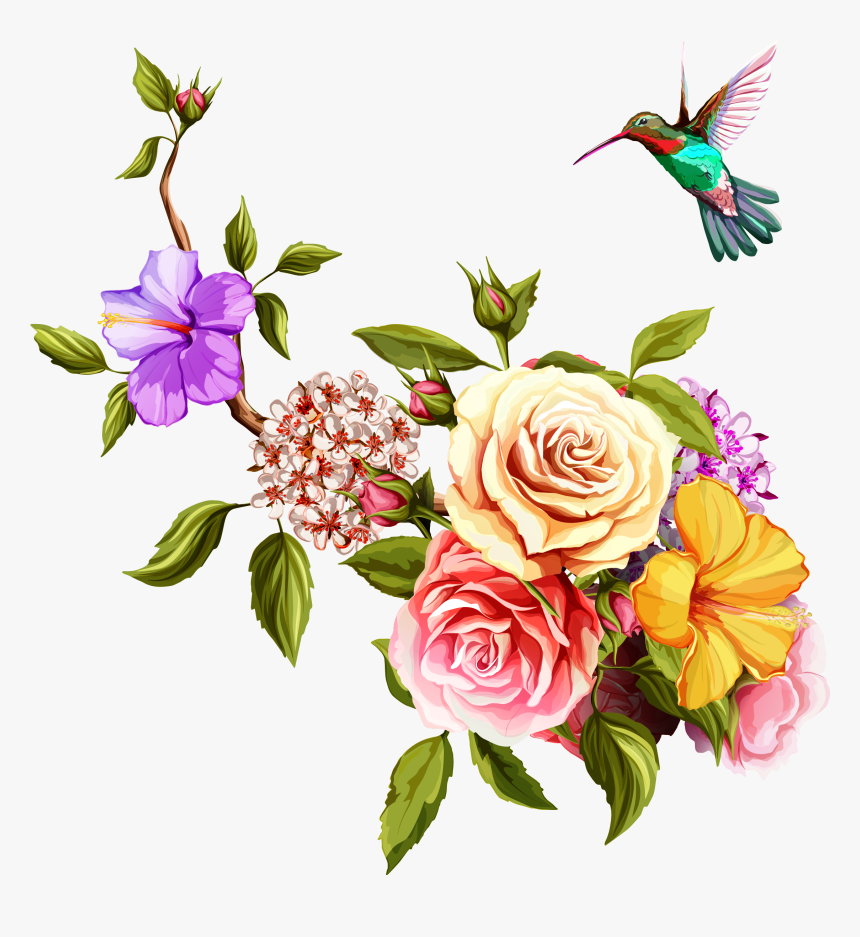 Transparent Watercolor Painting Flowers And Birds Transprent - Watercolor Flowers And Hummingbirds, HD Png Download, Free Download