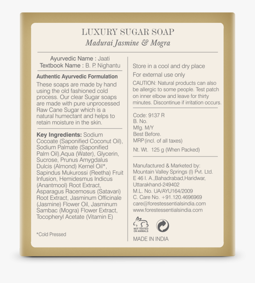 Forest Essentials Luxury Sugar Soap Madurai Jasmine - Paper, HD Png Download, Free Download