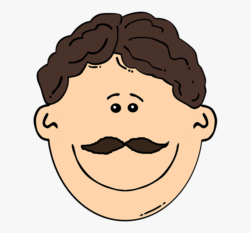 Man, Mustache, Brunette, Brown, Face, Head, Happy - Black Hair Cartoon Man, HD Png Download, Free Download