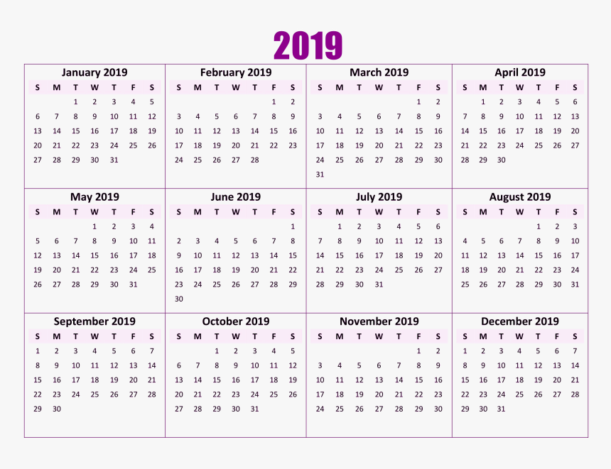 2019 Calendar Png Wallpaper - 12 Month 2019 Calendar Template Word, Transparent Png, Free Download