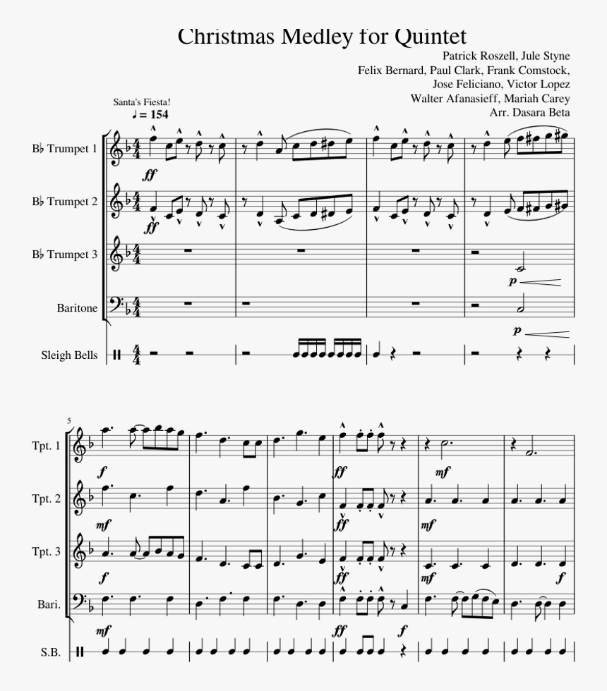 Christmas Medley For Quintet Sheet Music For Trumpet, - Quintet Music Sheet For Christmas, HD Png Download, Free Download