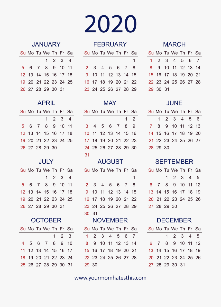 All Month 2020 Calendar Png Hd Quality - One Page 2020 Calendar Printable, Transparent Png, Free Download