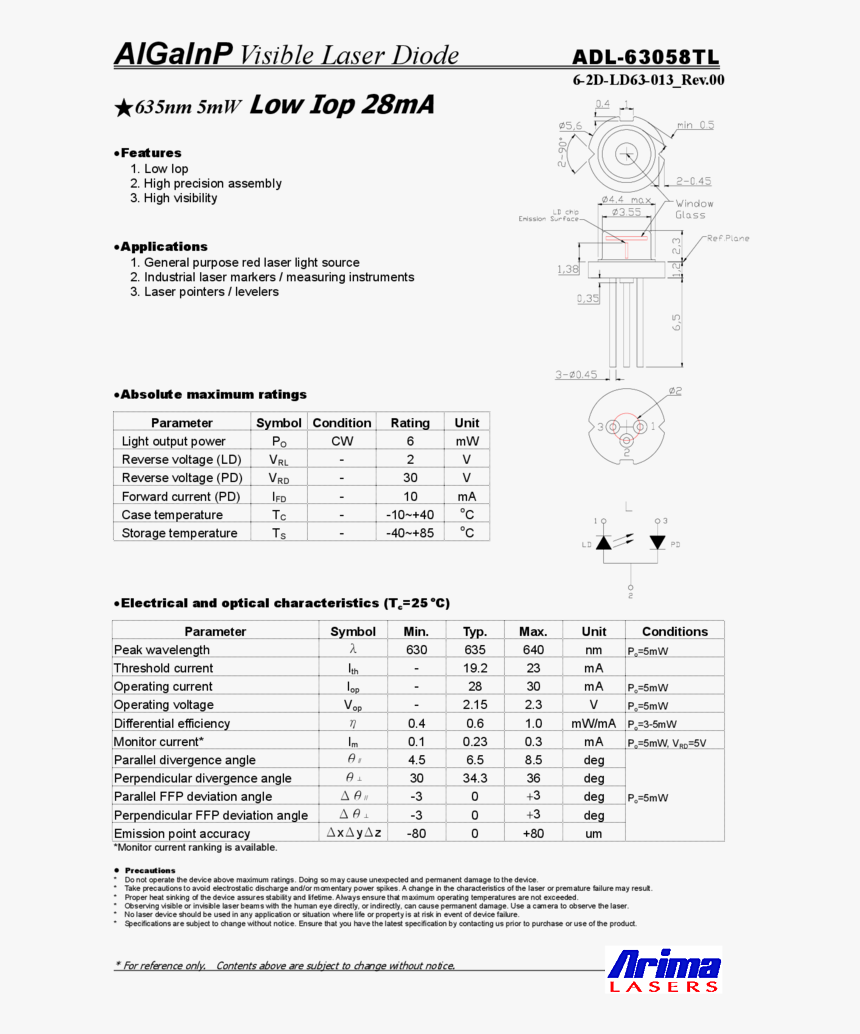 635nm 6mw To Can Arima Lasers , Png Download - Arima Laser Diode, Transparent Png, Free Download