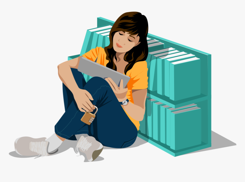 Woman In Library Reading At A Tablet With Lock In Her - Illustration, HD Png Download, Free Download