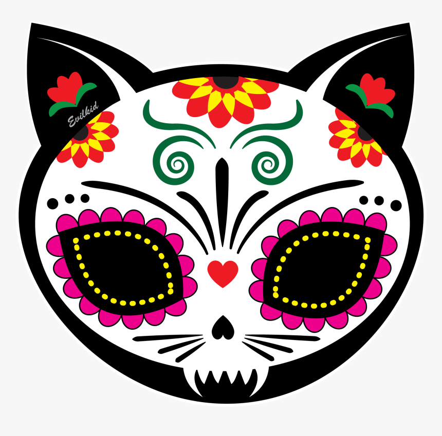 Gato Muerto Cat Sugar Skull For Dia De Los Muertos - Dia De Los Muertos Cat Skull, HD Png Download, Free Download