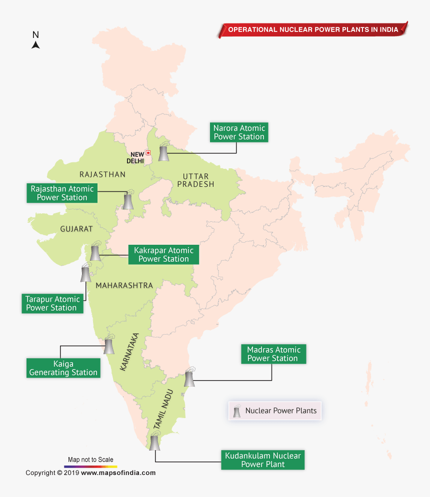 Map Of India Depicting 7 Nuclear Operational Power - 7 Major Nuclear Power Plants In India, HD Png Download, Free Download