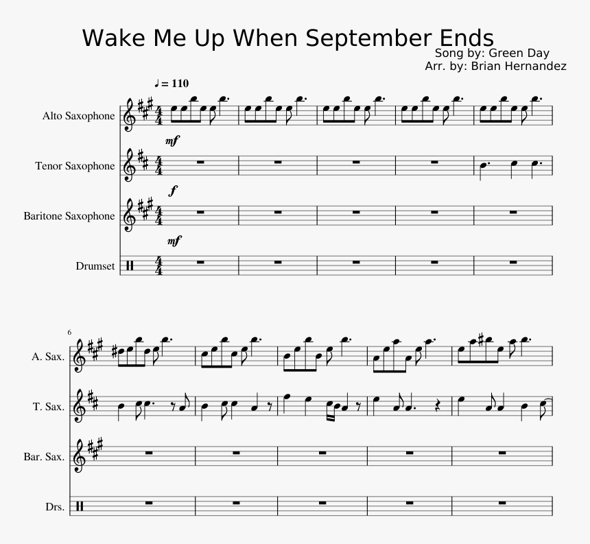 Wake Me Up When September Ends Sheet Music Composed - Carryon My Wayward Son Tenor Sax Sheet Music, HD Png Download, Free Download