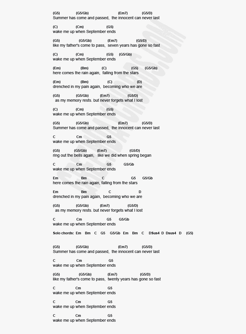 Wake Me Up When September Ends Chord Chart - Page Number In Cv, HD Png Download, Free Download