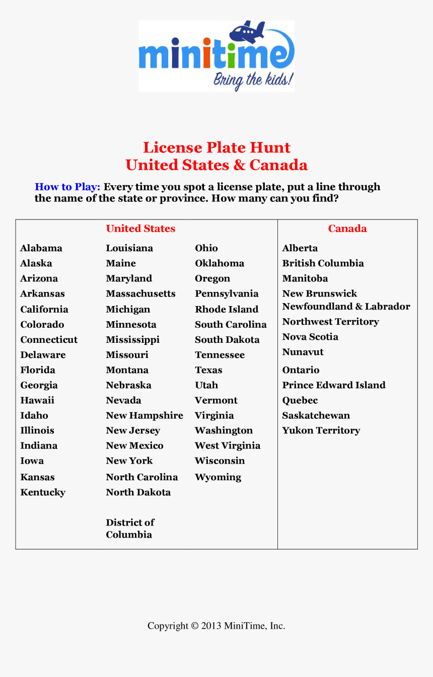 Free Printable Car Travel - License Plate Scavenger Hunt, HD Png Download, Free Download